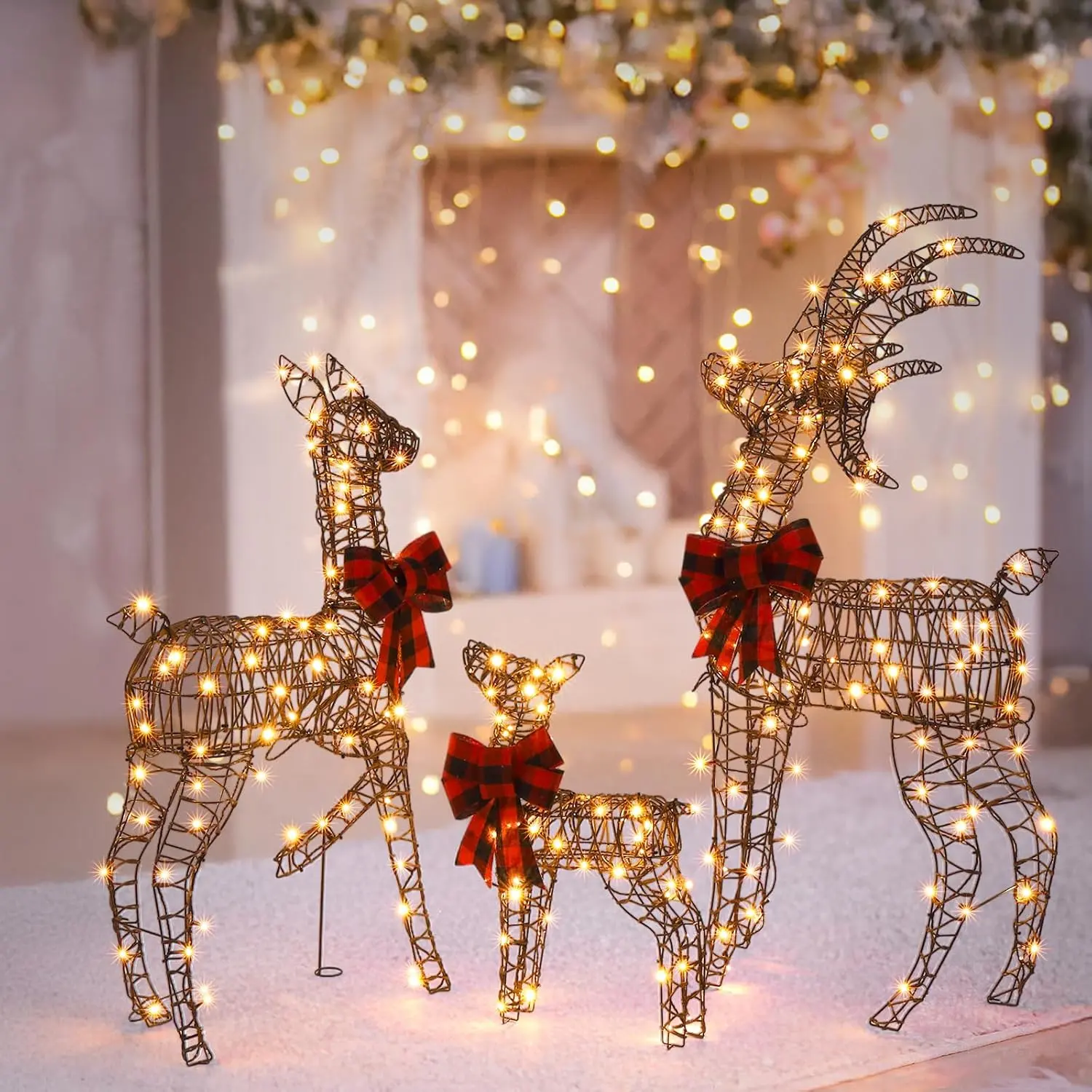 4FT Brown Rattan Lighted Christmas Reindeer Family Set of 3, Prelit 210 Warm White LED Outdoor Decorations, Rustic Buck Doe Fawn Lighted Christmas Yard Decorations for Lawn Garden Porch Patio