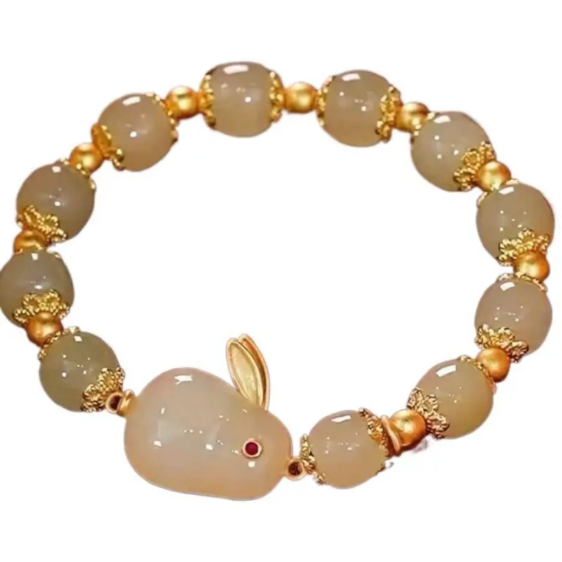 Year Of The Rabbit Lucky Charm Imitation Jade Rabbit Bracelet Artificial Agate Glass Bracelet For Girls Party Gifts Home Kitchen Storage Box