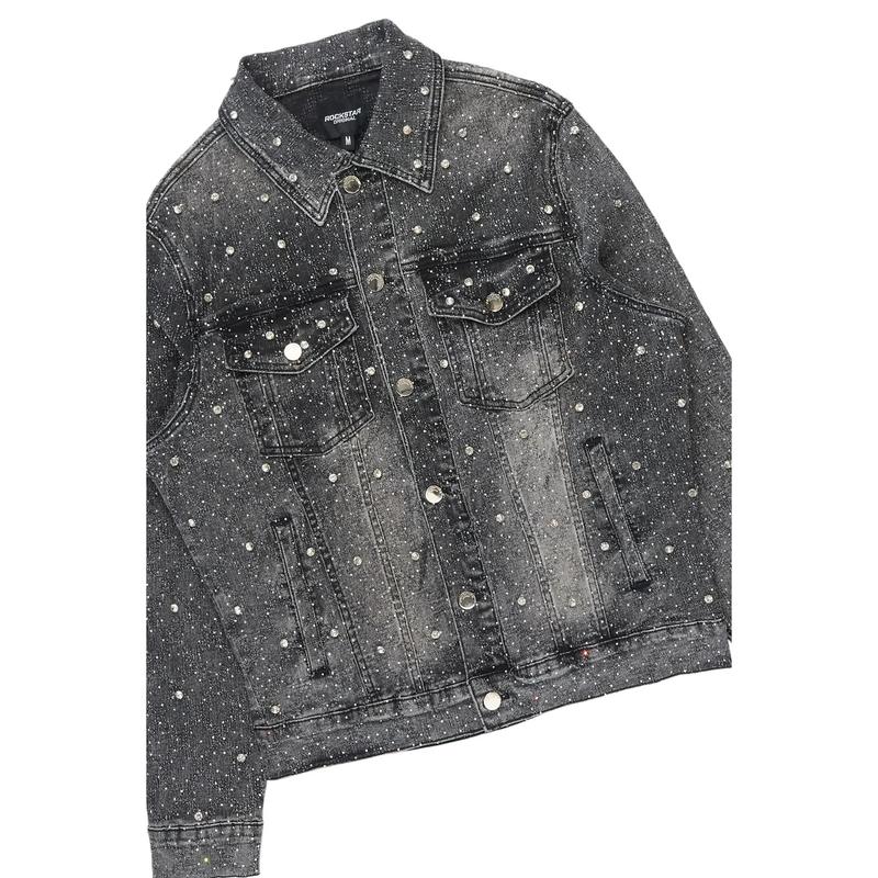 Glit Dark Grey Rhinestone Denim Jacket/Stacked Flare Jean Set