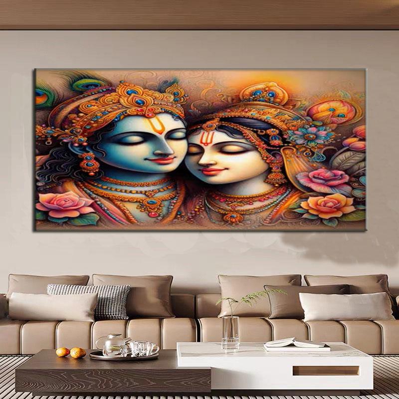 1 Canvas Painting with Wood Frame - Modern Krishna and Radha Statue Art - Gorgeous Hindu God Detail Painting, Religious Home Decor |   Modern Religious Art, Indian Style Home Decor, Large Canvas Wall Art for Room, Bedroom, Living Room, Office Decoration A