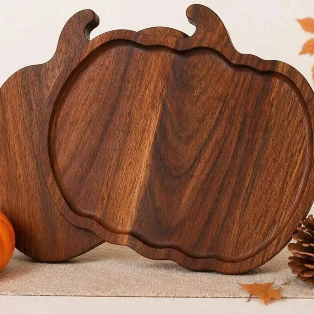 Natural Festive-Shape Wooden Tray with Carved Pumpkins - Smooth Rustic Charm Board, Kitchen Prep Tool, Holiday Table Accessory for Halloween Thanksgiving