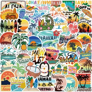 Hawaii Themed Sticker, 50/1000pcs Summer Beach Pattern Decorative Sticker, DIY Decals for Water Bottle, Laptop, Phone Case, Scrapbooking, Journal Making, Ornaments