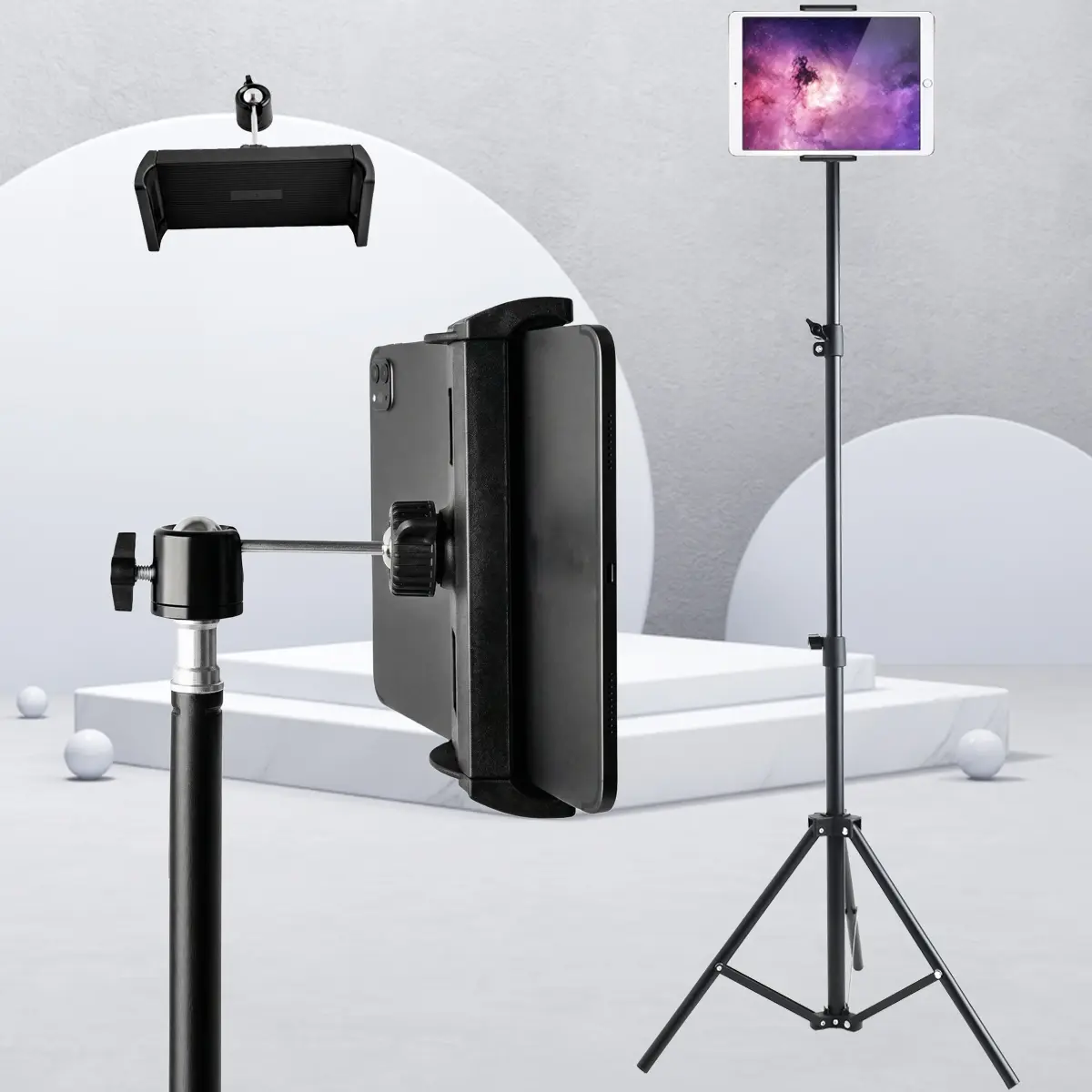 160cm Adjustable Floor Tablet Tripod Stand, 360° Rotatable Universal Tablet Holder, Foldable Portable Tablet & Phone Stand for Live Streaming and Video Recording Screen Black Computer Folding