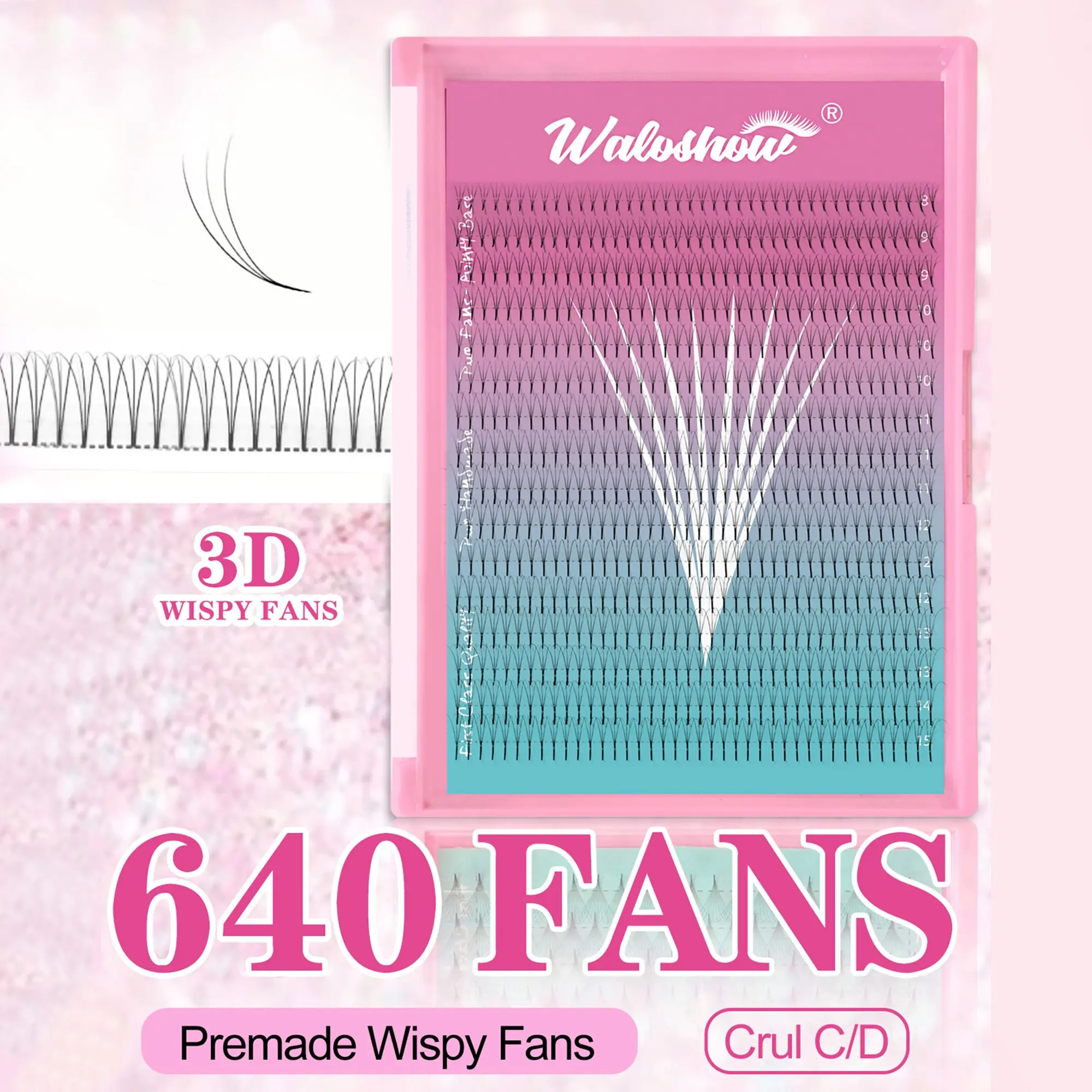 640 Piece False Eyelashes 0.073D Pointed Pre-Made Fans  C D Curl Extension, Eyelash Extensions, Mixed Lengths 8-15mm, Promade Fans, Volume Lashes, Volumized False Eyelashes, Fluffy Wispy Lashes Clusters, Solid Form, Non-Flammable Liquid