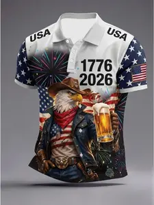 Men's American Independence Day 250th Anniversary Cowboy Eagle Beer Memorial Short Sleeve Shirt, Patriotic Casual Polo for All Seasons