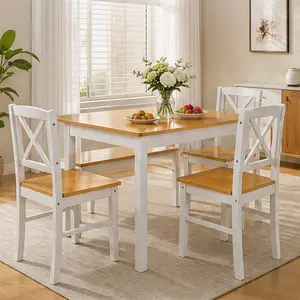 ARCH 5-Piece Rubberwood Dining Table Set with 4 Chairs, Ancient White Solid Wood Kitchen Table and Chair Set for Small Spaces, Apartment, Dining Room, Restaurant, Easy Clean Smooth Surface, Space-Saving Design, Ancient White Color Options