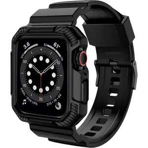 WBA-PP  Compatible with Apple Watch Band 45mm/44mm/42mm with Case, Shockproof Rugged Band Strap for iWatch SE2 SE Series 9/8/7/6/5/4/3/2/1 with Bumper Case Cover Men Women, Matte Black