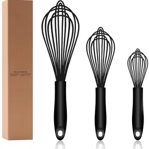 Set of 3 Silicone Whisk Dishwasher Safe, Sealed Waterproof Design, Professional Kitchen Whisks for Cooking Non-Scratch, Silicone & Stainless Steel Whisk, Heat Resistant Balloon Egg Beater, Black