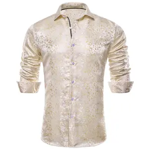 AILISUS Men's Daily Leisure Luxury Floral Champagne Gold Long Sleeve Dress Shirt Formal Casual Printed Button Down Shirts