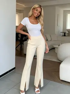 A women's fashionable and gentle style apricot split flared pants with a high waist and a slimming effect, suitable for all seasons, afternoon tea, interviews, commuting, and store visits.