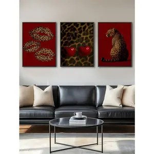 3pcs Vintage Red Leopard Print, Leopard Lip Print, Cherry Pattern, Retro College Style Cute Animal Art Painting Posters, 2D Wall Stickers, Suitable For Bedroom, Living Room, Office, Dining Room, Kitchen, Study, Corridor, Dormitory, Bathroom