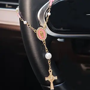 1pc Pink Pearl Cross Steering Wheel Rosary Ornament, Prayer Bracelet, Rosary Car Pendant Accessory, Unique Fashion Car Decor, Gift Idea, Car Trinkets, Car Hanging Decoration, Girly Car Accessories, Car Interior Decoration