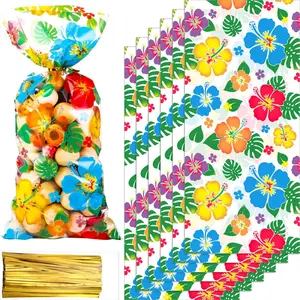 100 Pcs Non-Slip Tropical Hibiscus Print Cellophane Goodie Bags with 100 Twist Ties, Unisex Hawaiian Luau Party Supplies for Gifts & Home Storage, Festive Decor to Create Tropical Vibe (Part 3)