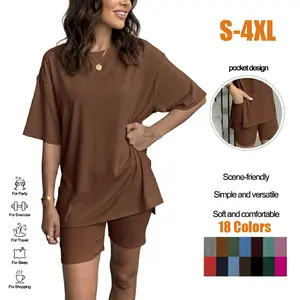 Women's 2 Piece Lounge Set - Oversized Round Neck Slit Top & High Waisted Biker Shorts with Pockets, Soft Casual Pajamas Set for Travel & Airport Outfit S-4XL