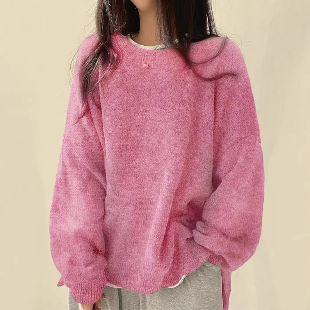 Solid Drop Shoulder Split Hem Sweater, Casual Knit Long Sleeve Round Neck Jumper for Fall & Winter, Women's Plus Clothing for Daily Wear, Womenswear