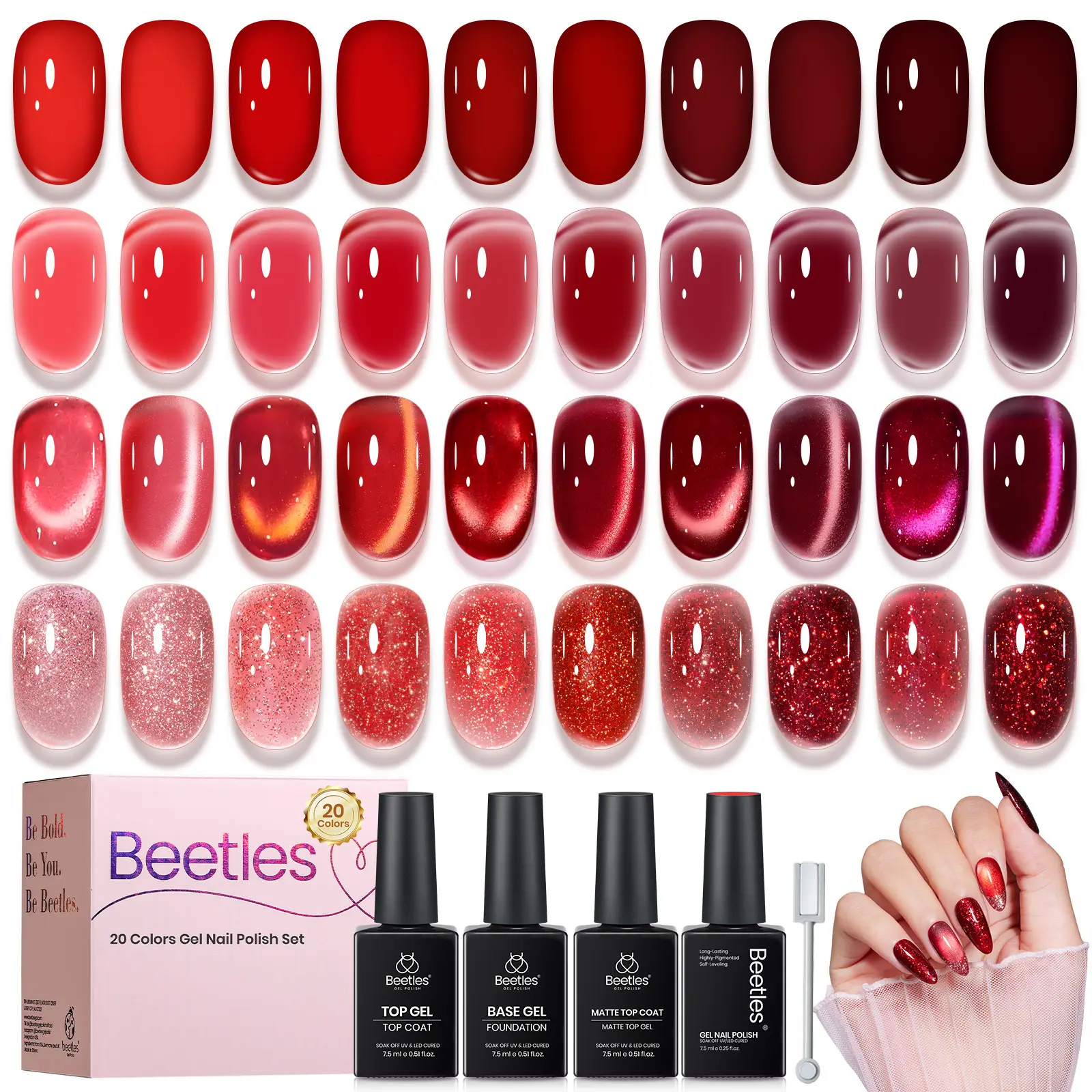Beetles Red Gel Nail Polish Set, Jelly Glitter Cat Eye Solid Color | 20 Colors 7.5ML Shimmer Magnetic Nail Gel Kit with Base Coat Top Coat Matte Top Coat, LED UV Light Cure Soak Off Nail Art Manicure