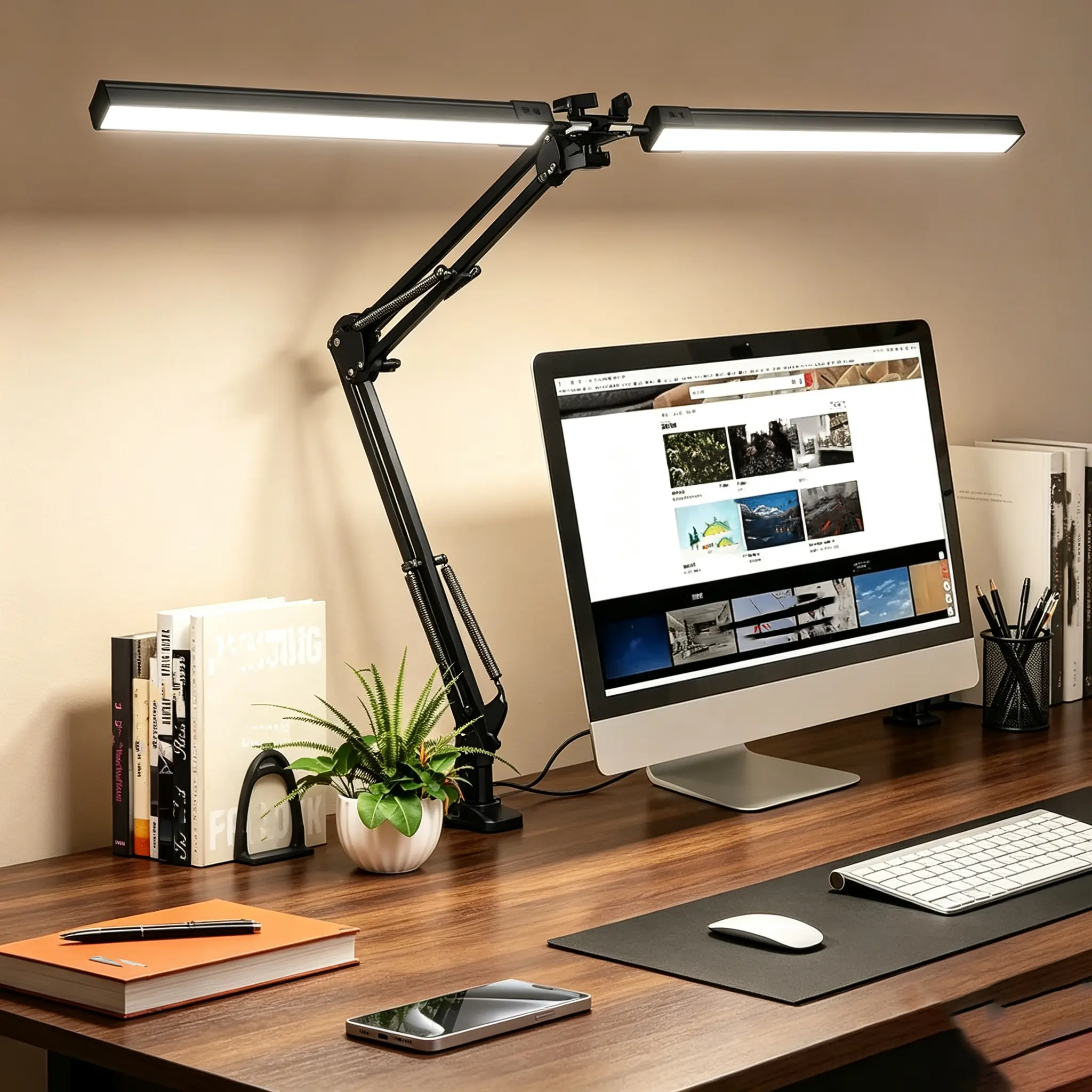 Double Head LED Desk Lamp,Table Lamp with Clamp, Desk Light with Flexible Swing Arm,3 Color Modes Stepless Dimmable Double Head Architect Desk Lamps for Home Office Workbench Reading, Led Lights, Aluminum