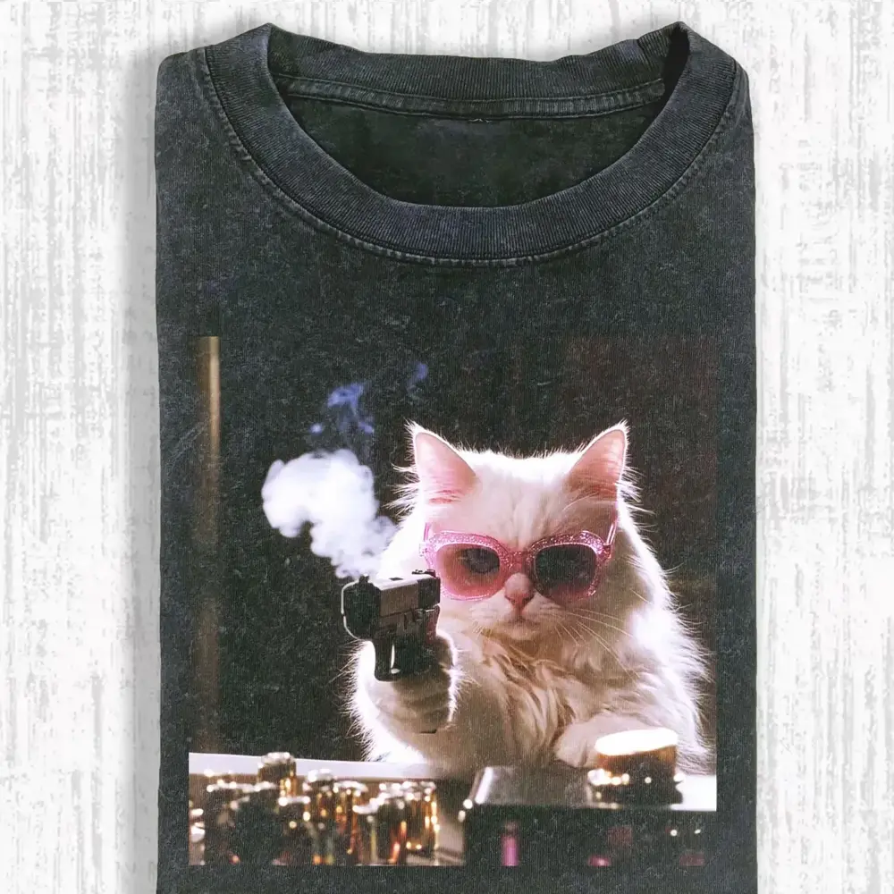 Comfort Colors Cool Cat with Gun Graphic Tee, Retro Style Pink