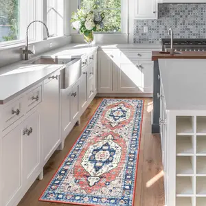 Runner Rug Entryway Runner Rug Vintage Medallion Hallway Runners Ultra-Soft Washable Rug Runner Indoor Non Slip Kitchen Rug Low Pile Non-Shedding Long Rug for Bedside Laundry