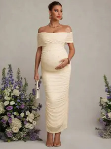 MISHELLA Elegant Party Solid Color Off-Shoulder Beaded Ruched Fitted Dress For Pregnant Women