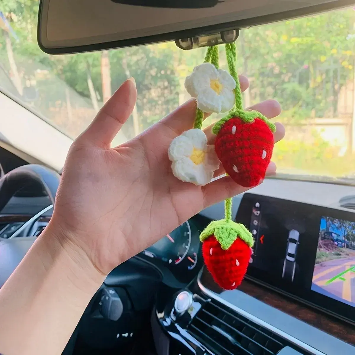 Strawberry Handmade Crochet Car Pendant Decoration Strawberry Rearview Mirror of The Car Hanging Keychain Accessories Woman Gift
