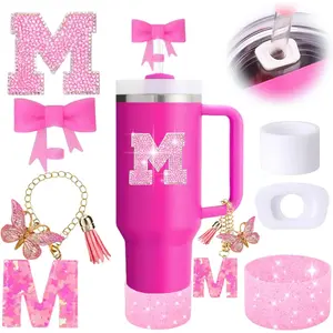 6 count Pink  Cup Accessories Set, Initials Decorations for  Cup 30oz 40oz, Includes Bow Straw Topper, Handle Charm, Letter Sticker,  Boot, Spill Proof Stopper (Letter M)