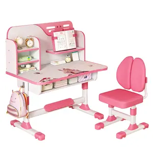 2Pcs/Set Premium Kids Study Desk Chair Set, Height Adjustable Children School Study Table Chair Set with Astronaut Pattern, Ergonomic Desk Chair with Large Writing Board, Bookshelf and Drawer (Pink, Blue)