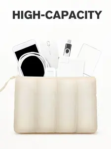 Portable Puffy Makeup Bag, Large Capacity Travel Cosmetic Pouch, Cute Stitched Design, Ideal for Home & Daily Use, Multiple Colors Available