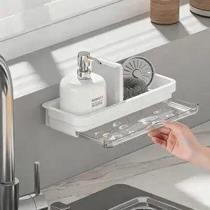 Kitchen Sink Organizer, Wall-Mounted Sponge Holder & Soap Drainer, Includes Sponge & Cloth, Essential Kitchen Accessories, Bathroom Storage Organizer, Adjustable Drain Rack