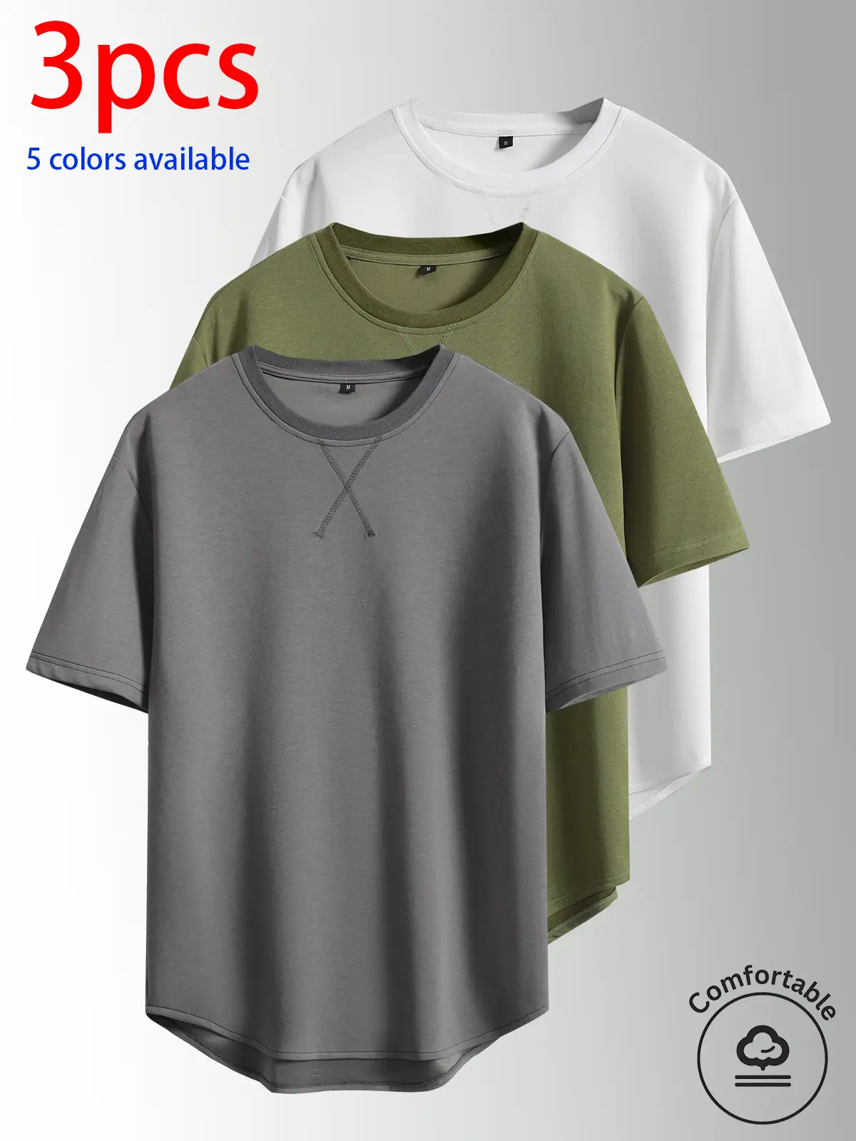 3-pack men’s short sleeves: men’s cotton short sleeves, men’s solid-color crew neck short sleeves, curved hem design. Available in multiple colors; solid colors are versatile for everyday commuting, sports/casual wear, holiday travel, and suitable for var