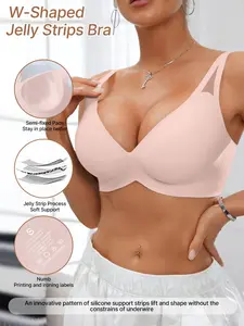 S-XXL Pink Women's Mesh Patchwork High Support Jelly Bra, Dual V Design, Gel Padding, No Steel Cup, Comfortable Wireless Underwear