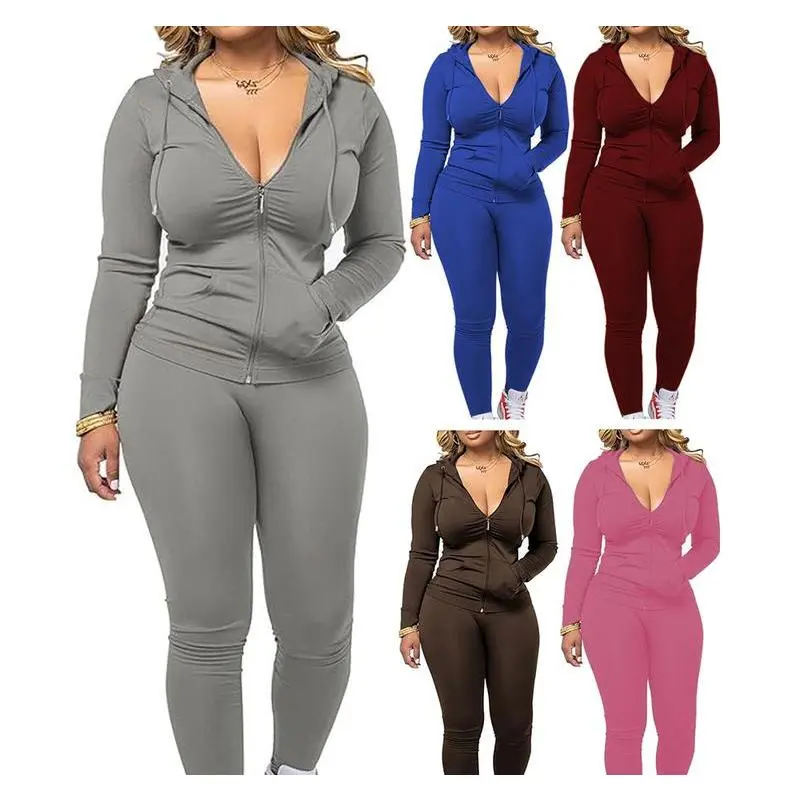 Style Women's Casual Long Sleeve Zipper Hooded Two-Piece Set Clothing Womenswear Athletic