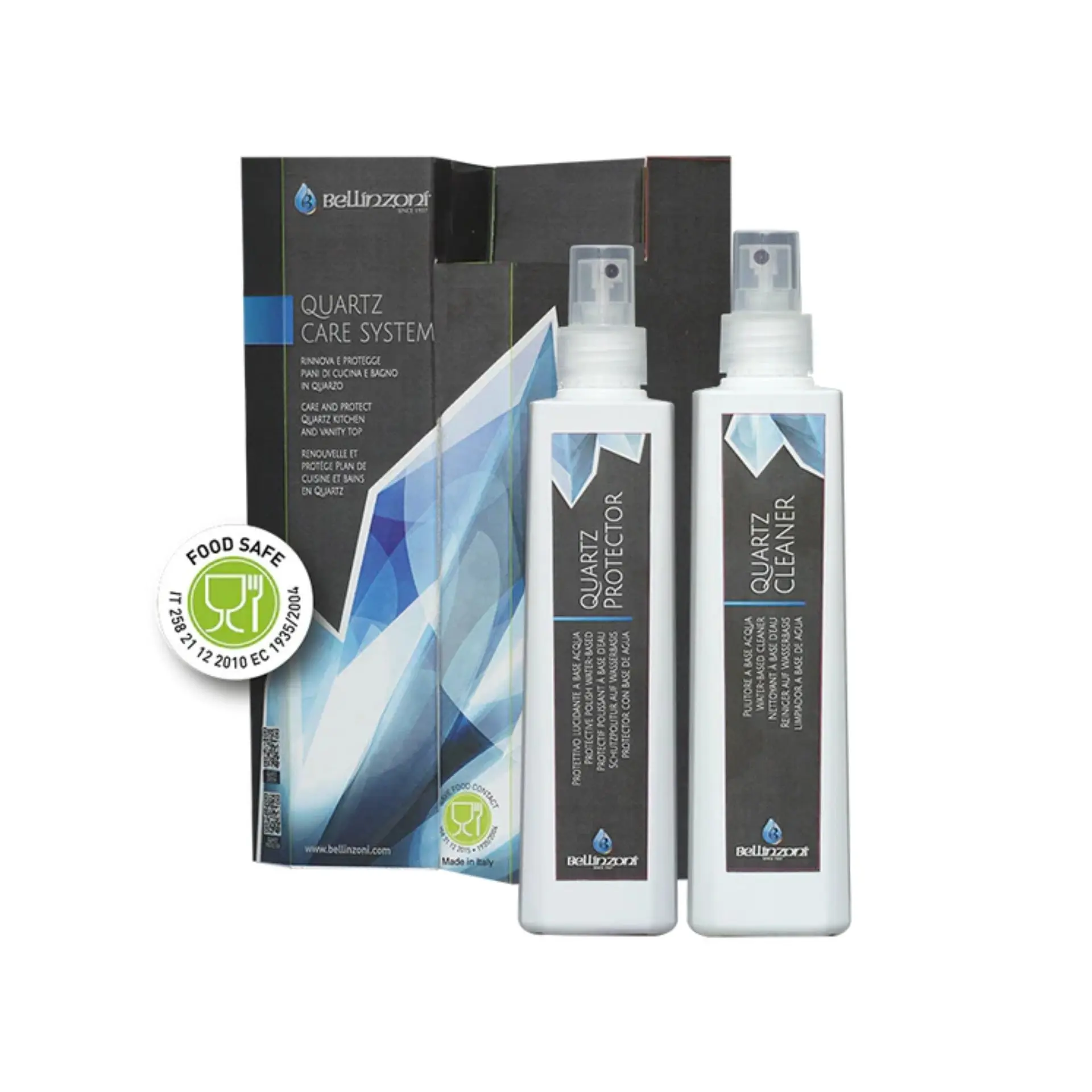 Bellinzoni Quartz Care System Kit — Clean & Protect for Quartz Kitchen & Vanity Tops (2 × 250 mL + Cloth)