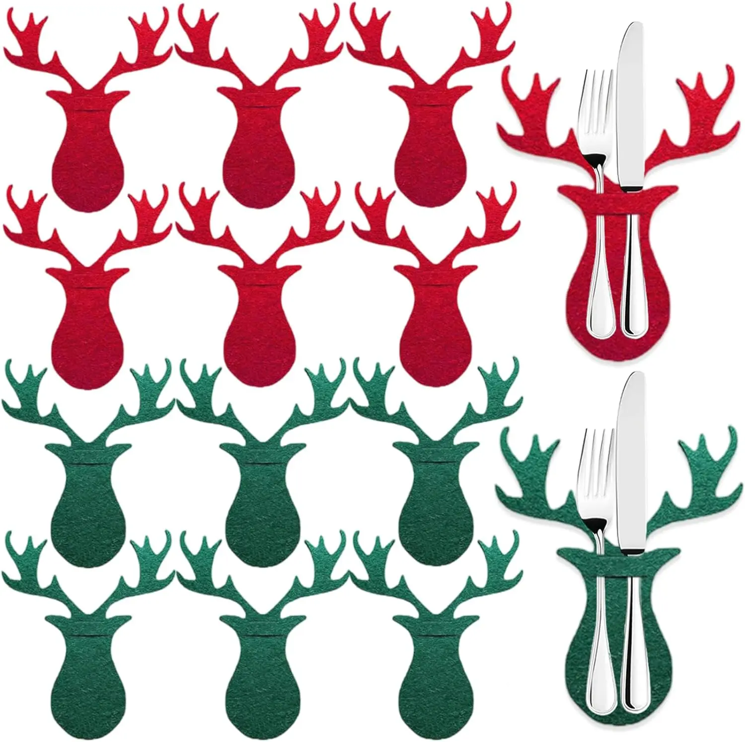 12 Pcs Christmas Elk Silverware Holder Christmas Flatware Holder Red Green Felt Xmas Reindeer Cutlery Holder Pockets Dinner Knife Fork Covers for Chrismas Dinner Party Favor Table Decor