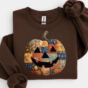 Retro Patchwork Halloween Pumpkin Sweatshirt, Cozy Spooky Season Sweater, Cute Fall Aesthetic Outfit, Halloween Gift for Women