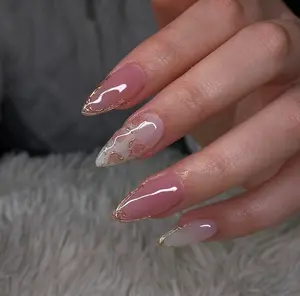 Pink Tulip Hand Painted Press On Nails, Gel Faux Acrylic Nails