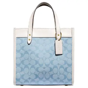 COACH Field Collection Chambray Jacquard Tote Bag for Women, Small Blue and White