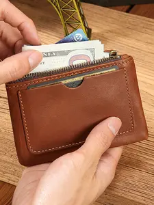 Neutral Leather Zip Wallet, Vintage Casual Style, Full Grain Cowhide, Compact Design, Portable Storage, Daily Use, Travel Friendly