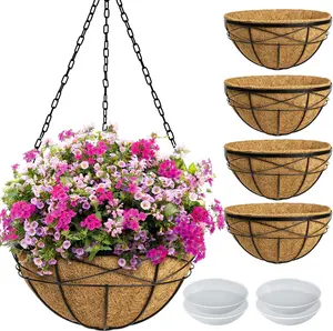 Hanging Planters for Outdoor : 4 Pack 16" Hanging Baskets Flower Pots with Coco Liners & Plastic Saucer  Deep Hanging  Holder for Porch Balcony Garden Decor