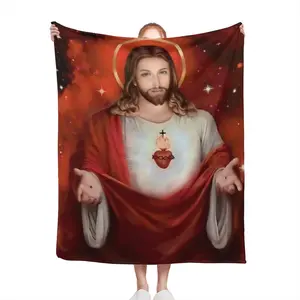 300GSM Luxurious Bohemian Jesus Christ Print Flannel Blanket - Ultra-Soft Micro Fleece, Red & White Starry Night Design with Sacred Heart & Crown of Thorns - Cozy Warm Throw for Bed, Sofa, Travel, Cam