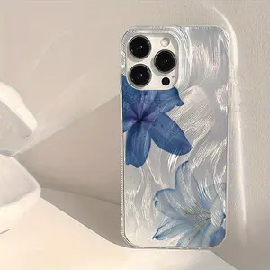Trendy Blue Lily Flower Floral Imd Phone Case for iPhone 17/16/15 Series, Fashion Protective Cover, Shockproof Material, Christmas Gift, Accessories