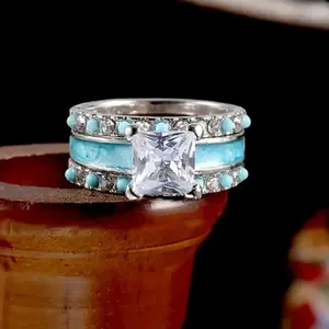 3pcs Simple European and American Style Silver Plated Engagement Rings with Blue Turquoise Stone for Women, Suitable for Wedding or Daily Wear