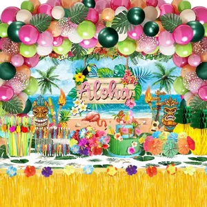 161PCS Hawaiian Luau Party Decorations Set – Tropical Summer Beach Pool Party Supplies with Aloha Backdrop, Balloon Arch, Table Skirt, Flamingo & Palm Leaves