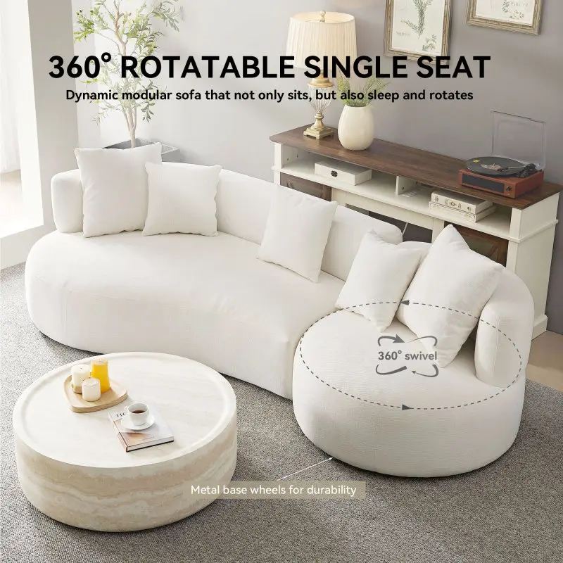 [SOIYELIFE] 110.23 Inch Modern Sectional Curved Rotatable Sofa Couch, Swivel Sofa 360° Comfy Sofa for Living Room Bedroom,Upholstered 4-Seat Sofa Couch Fabric Cream Style Couch Set for Apartment,Beige Fine furniture