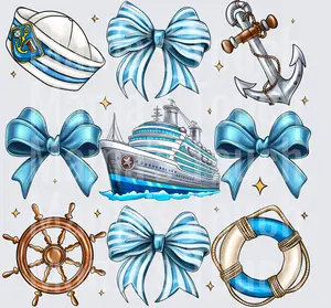 Nautical Maritime Collection with Blue Striped Bows Cruise Ship Anchor Helm Life Ring