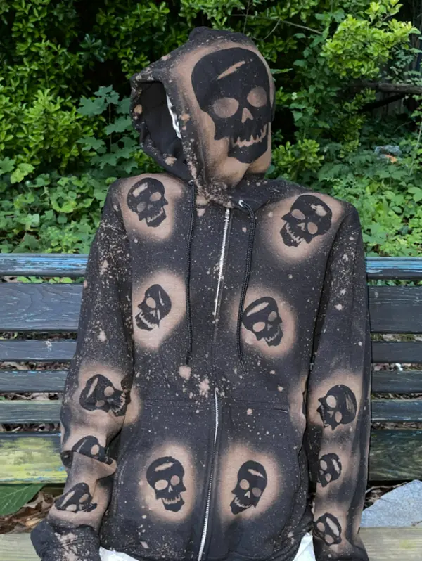 Bleached Skeleton Zip Up Hoodie / Halloween Hoodie / Black Bleached Hoodie, Spooky Hoodie, Bleach Dye Shirt