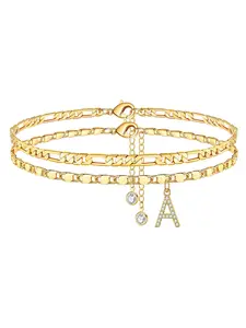 Dainty Initial Anklets for Women, 14K Gold Plated Layered Chain CZ Ankle Bracelets Set Summer Jewelry Gift