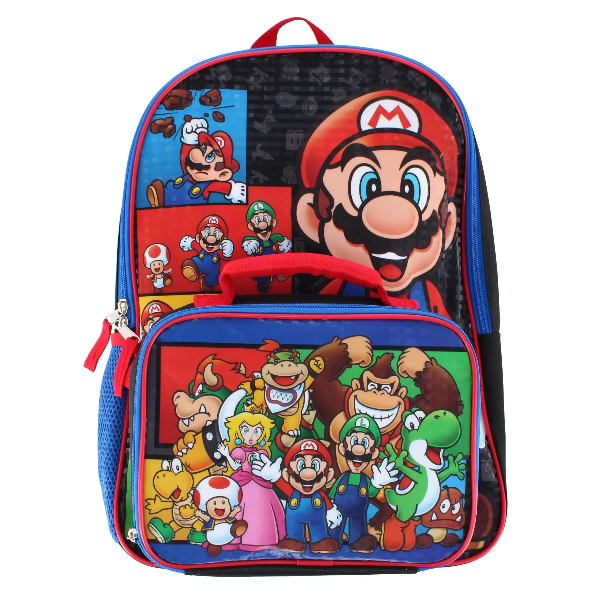 U.P.D., INC Boy's Playful Super Mario & Friends 16-in Cool Backpack & Lunchbox Set - School Supplies, One Size, Bottle Mesh Pocket