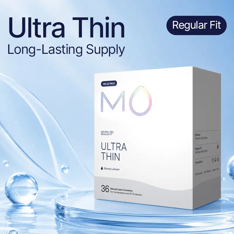 MO Ultra Thin 100% Natural Latex Natural Rubber Condoms for Men Value Pack (36 Count) - 0.04mm Silicone-Enhanced Sensation, pH-Balanced Formula, Regular Secure Fit, Soft Flexible Design