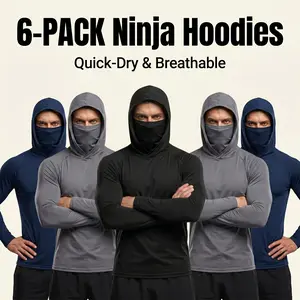 【6-Pack】men's outdoor work sun protection clothing with sun-blocking hoodie, featuring built-in face mask and neck guard, breathable long-sleeve hoodie